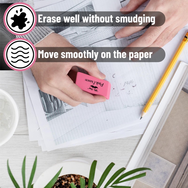 Mr. Pen Pink Pencil Erasers, Large, Pack of 12, Back