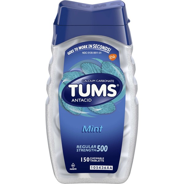 Tums Antacid, Regular Strength, Chewable Tablets, Peppermint, 150-Count Bottles (Pack of 4)