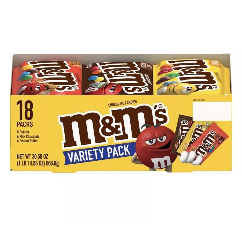 M&M'S VARIETY PACK CHOCOLATE CANDY SINGLE SIZE - 30.58oz -