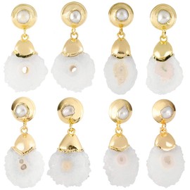 SUNYIK Natural Stone Dangle Earrings for Women, Floral Agate Drusy Quartz Drop Pearl Earring for Ladies, White