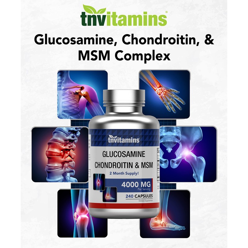 tnvitamins Glucosamine Chondroitin MSM Capsules, 240 Count | 4,000 mg
