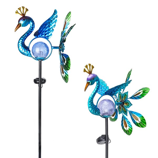 Peacock Wind Spinner Solar Garden Stake Lights - Cracked Glass Ball Waterproof Outdoor Peacock Decor Pathway Lights for Garden Patio Lawn(1 Pack)