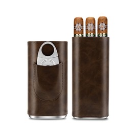 CIGARLOONG 3 Finger Leather Cigar Case Set,Cedar Wood Lined Humidor with Stainless Steel Cigar Cutter,Gift for Cigar Lovers (Dark Brown)