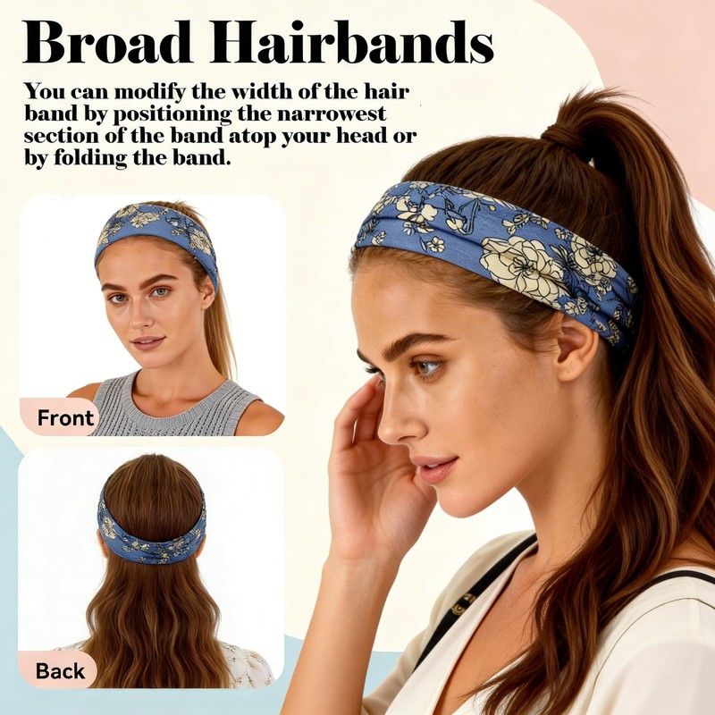 6Pcs Wide Floral Boho Headbands for Women - Elastic Non
