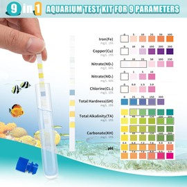 JINDUN 9 in 1 Aquarium Test Kit for Freshwater and Saltwater - 100 Aquarium Test Strips with Test Tube & Thermometer - Fast & Accurate Water Testing Strips for Aquarium/Pond/Pool