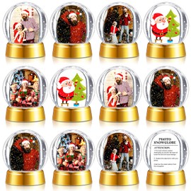 Wettarn 12 Pcs Photo Snow Globes DIY Crafts Clear Plastic Mini Snow Photo Globe with Base Liquid Photo Frame for Christmas Xmas Family Friends Thanksgiving Gifts Tabletop Display (Gold)