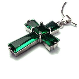 RIZILIA Cross Pendant with 18" Chain & Trapezoid Square Cut CZ [Simulated Green Emerald] in White Gold Plated, Simple Modern Elegant