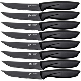 LDC Steak Knives Set of 8 - Black Steak Knife Set & Dinner Knife Set- Stainless Steel, Ultra-Sharp, Scratch Resistant And Rust Proof - Non Stick and Dishwasher Safe - Serrated Steak Knives