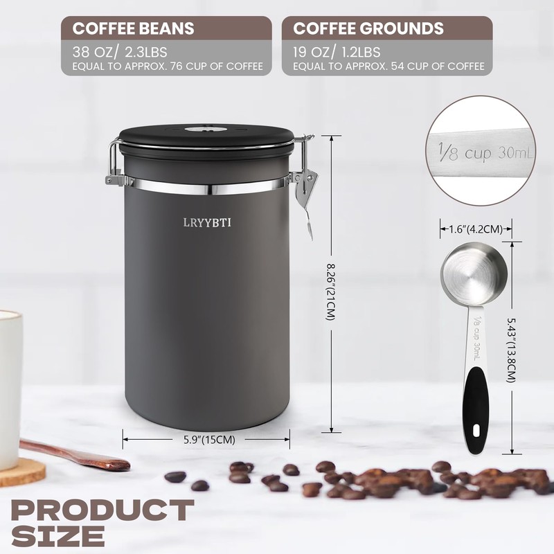 LRYYBTI 38oz Airtight Coffee Canister,Stainless Steel Coffee Bean Storage Container