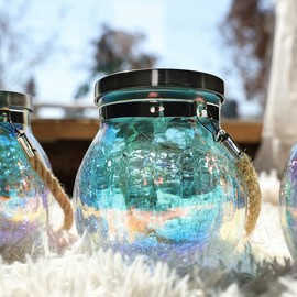 Cooo Cooo Iridescent Crackle Glass Solar Lantern Outdoor – Rainbow Electroplated Hanging Light with Cool White LED, Waterproof Decorative Solar Lamp for Patio, Garden, Tabletop 2 Pack