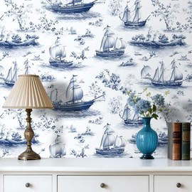 LaCheery Nautical Wallpaper Blue Nautical Peel and Stick Wallpaper for Bathroom Mural Neutral Toile Wall Paper Self Adhesive Blue and White Contact Paper for Walls Cabinets Boys Room Vintage 17.5"x80"