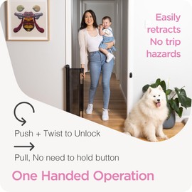 Retractable Baby Gate Perma Child Safety 33" Tall x 71” Wide, Mesh, for Stairs, Doorways, Dogs, Pets, Indoor, Outdoor, One-Handed Operation, Locking, Easy Install, Hardware Mount, Brown