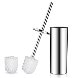 GERUIKE Toilet Brush with Standing Toilet Brush Holder Toilet Brush Set Includes 2 White Toilet Brush Heads and Toilet Brush Holder Stainless Steel Chrome Silver