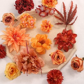 RUIDKUN Artificial Flowers 25pcs Real Looking Red Silk Fake Flowers Combo with Stems for DIY Wedding Bouquets Bridal Shower Centerpieces Party Decorations (Orange)