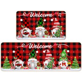 TREWAVE Christmas Kitchen Rugs Gnomes Door Mat Set of 2 Red Buffalo Plaid Decorative Non-Slip Welcome Floor Mat Low-Profile Holiday Home Bathroom Decoration (17x29 17x47 Inch)