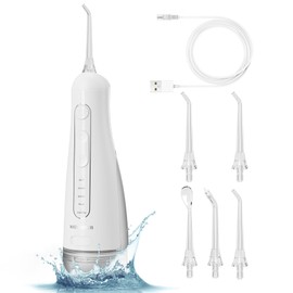 KIDSCOTER Water Flosser for Teeth with Detachable Washable Tank, 5 Modes Rechargeable Cordless Oral Irrigator, 300ml Portable Dental Flosser, IPX7 Waterproof for Home & Travel, White