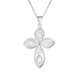 Religious Vintage Style Faith Hope Love CZ Accent Black Onyx Gemstone Created Blue Opal Cross Pendant Necklace for Women Teen .925 Sterling Silver October Birthstone, Sterling Silver, Opal