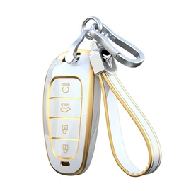 ontto Car Key fob Cover Fit for Hyundai Santa Fe Tucson 2022 Nexo NX4 Atos Prime Solaris 2021 Key case 4 Buttons TPU Smart Key Shell Holder Bag Keychain Keyring Decorative Accessories White B