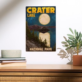 Lantern Press 10x15 Inch Wood Sign, Ready to Hang Wall Decor, Crater Lake National Park, Oregon, Lake and Full Moon