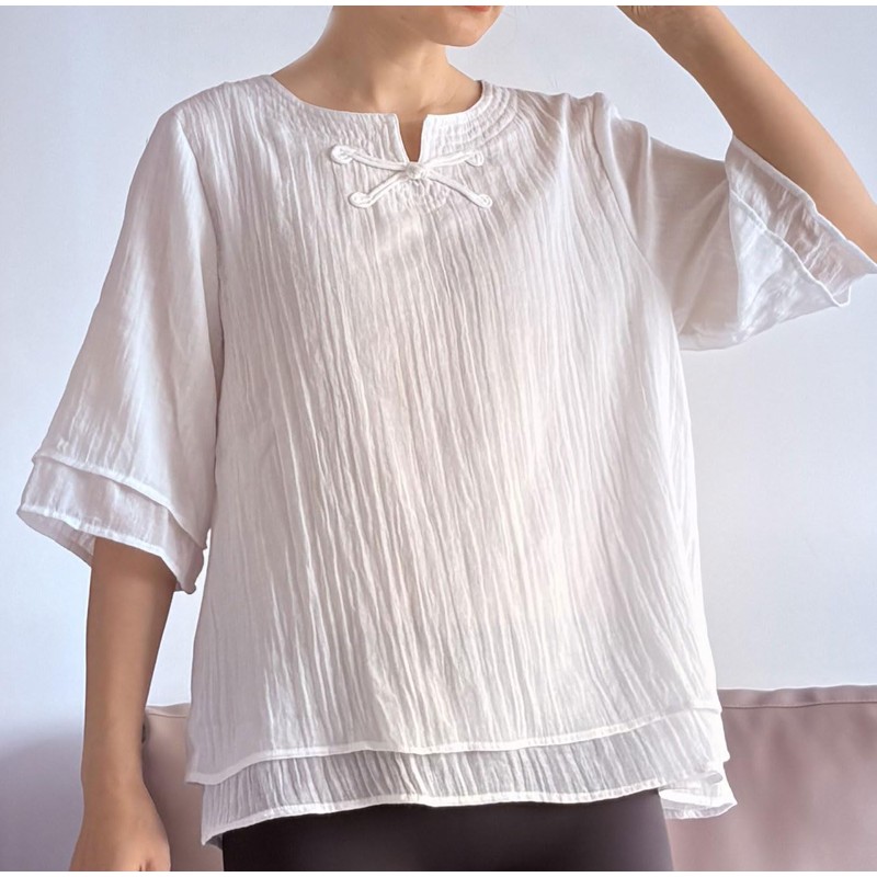 Minibee Women's Cotton Linen Shirts Summer 3/4 Length Sleeve Tops