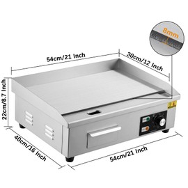 Takywep 21" Commercial Electric Griddle, Stainless Steel Countertop Griddle, Electric Flat Top Grill With Shovel Brush, Restaurant Teppanyaki Grill Cooking Equipment, Temperature Control 50°C - 300°C