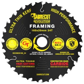 1 x SCCSN20160_24 SabreCut 160mm 24T x 20mm Bore High Performance Ultra Thin Kerf Wood Plywood MDF Chipboard Framing Circular Saw Blade