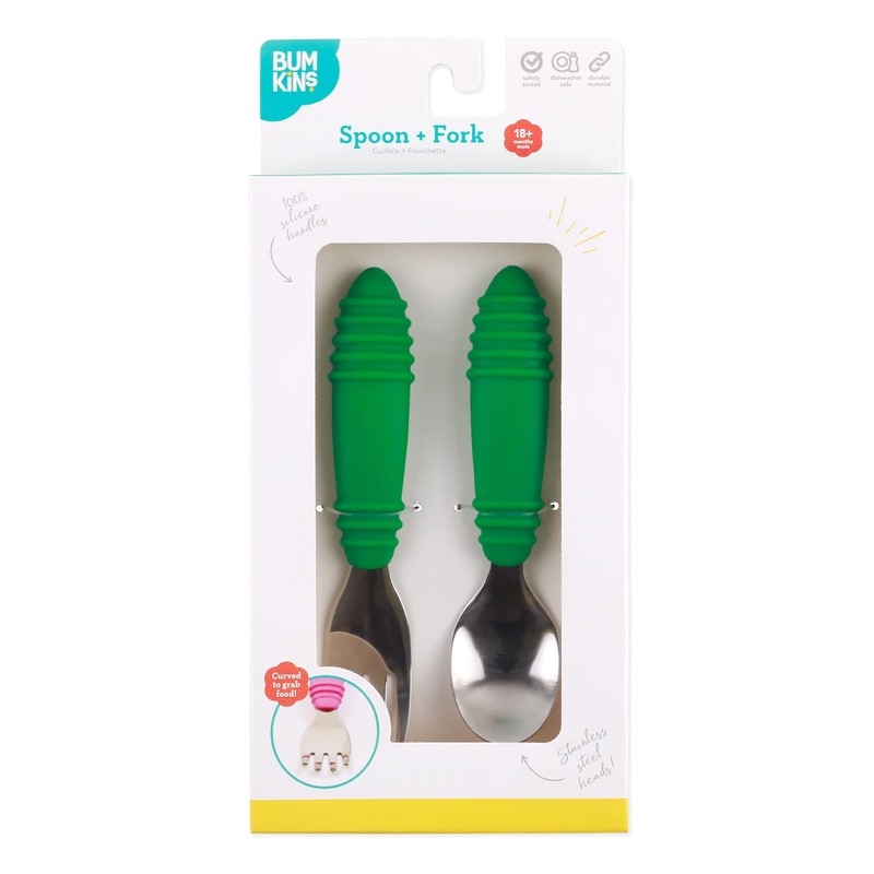 Bumkins Toddler Utensils, Kids Size Fork and Spoon Set, Silicone