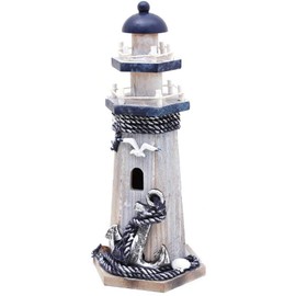 Linfevisi Nautical Decoration Handmade Wooden Lighthouse with Anchor&Seabird Marine Ornament Wooden Lighthouse 10.25" High Tabletop Decor