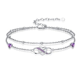 KoyeKei Infinity Heart Anklet for Women February Birthstone Layered Ankle Bracelet 925 Sterling Silver Purple Amethyst Summer Beach Jewelry Anniversary Birthday Gifts for Wife