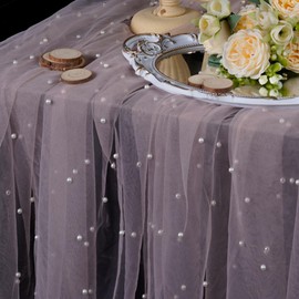 OSVINO Pink Pearl Wedding Arch Decorations Romantic Bridal Veil Lace Fabrics Dessert Table Cloth 63x120 inches Long Beaded Tulle Chiffon Tablecloth Bridal Shower Holiday Birthday Party Table Decor