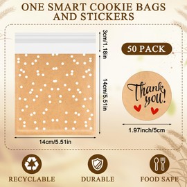 Fuyoooo 50 Pcs Self Adhesive Cookie Bags Cellophane Treat Bags White Polka Dot Bakery Bags 5.6 x 5.6 Inch Small Plastic Brown Pastry Bags with Thank You Stickers for Party Gift Giving Biscuit Candy