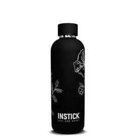 INSTICK Insulated Flask, Black, 500 ml, Stainless Steel Water Bottle with Floral Motif, Leak-proof for Hot & Cold Drinks, Ideal for Outdoor, Sports and Travel
