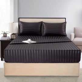 Satin-Silk Sheets King Size Bed Set, Black Soft Cooling Deep Pocket King Sheets, Hypoallergenic, Wrinkle and Fade Resistant Bedding Set, Striped