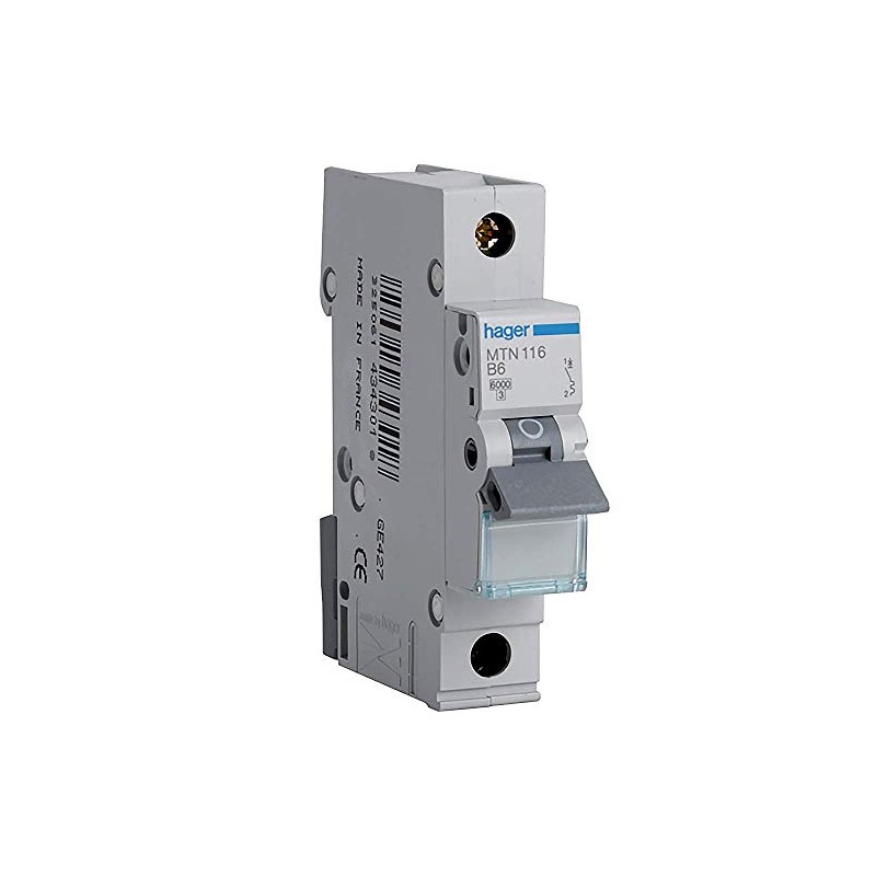 Hager MTN116 Miniature Circuit Breaker, 1 Pole, 1 Module, Type