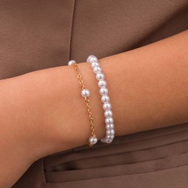 Inateannal Boho Layered Pearl Bracelet Gold Freshwater Pearl Bracelet Pearl Bead Chain Bracelet Pearl Stretch Bracelets Pearl Satellite Hand Chain Minimalist Peral Beaded Bracelet