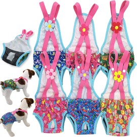 FUNNYDOGCLOTHES Pack of 6 Female Dog Diapers Sanitary Pantie Washable Reusable with Suspenders Stay On for Small Pet (M: Waist 16" - 20", Pack of 6 Colors)