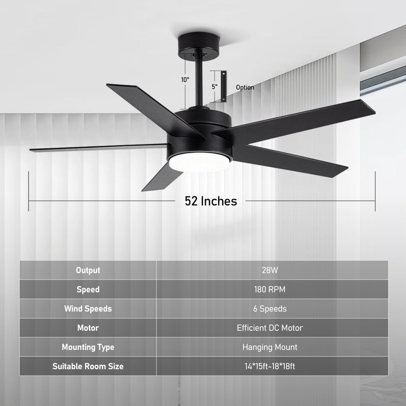 LOFIKEDI 52 Inch Modern Ceiling Fan with Light, 5 Blades,