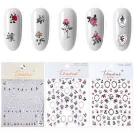 GEEHUA 3Pcs 3D Rose Flower Frame Nail Art Stickers, Vintage Lace Frame Nail Stickers 3D Embossed Nails Decals Rose Flower Manicure Decals for Women Girls Art Design DIY Supplies