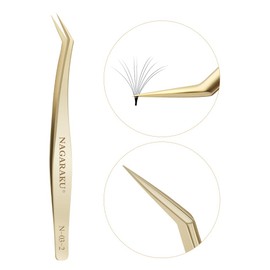 NAGARAKU Tweezers for Eyelash Extensions Gold Curved Angled Long tip Volume Cluster Super Light Weight Easy Fanning Tweezers Stainless Steel Precision (N-03-2)