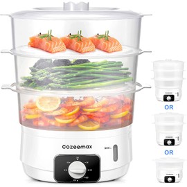 Cozeemax 13.7QT Electric Food Steamer for Cooking, 3 Tier Vegetable Steamer for Fast Simultaneous Cooking, 60 Minute Timer, BPA Free Baskets, 800W (White)