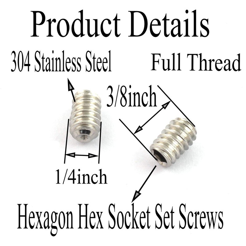 RuiLing 25PCS 1/4-20x3/8" Hexagon Hex Socket Set Screws 304 Stainless