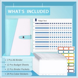 Taope Budget Planner, 6-Ring A6 Budget Binder, Money Organiser, with Soft PVC Pockets, Polyurethane (PU) Leather Notebook, Cash Envelopes, Household Expense Book with Money Compartments, Blue