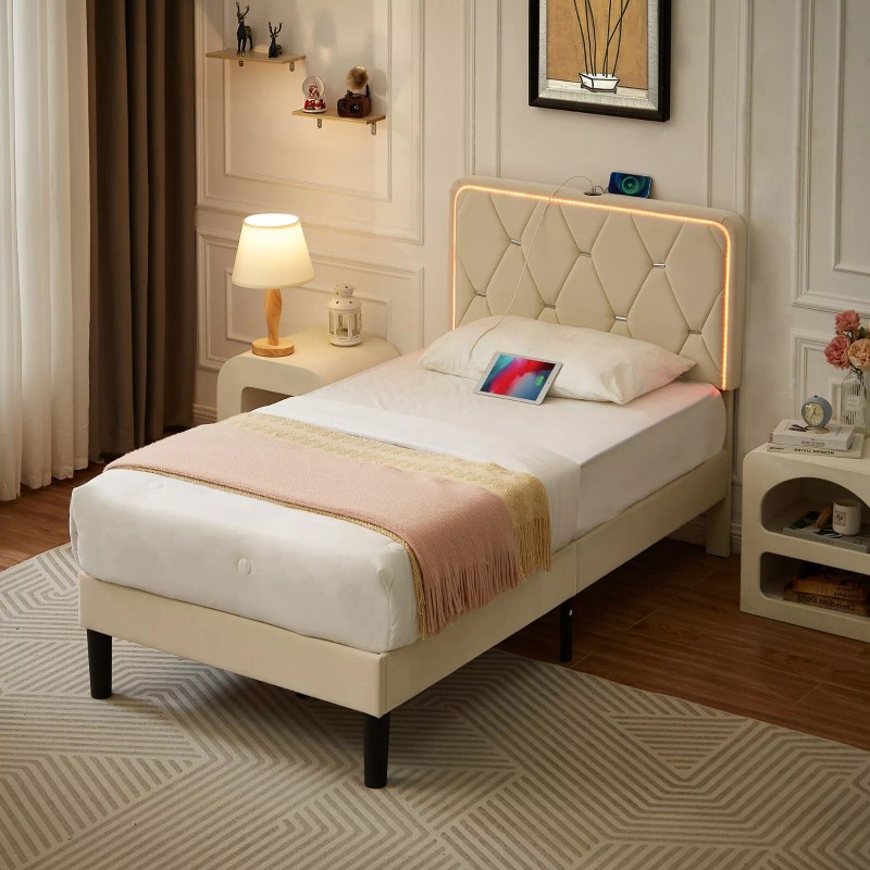 Vecelo Bed Frame with LED Light USB Ports Queen Full