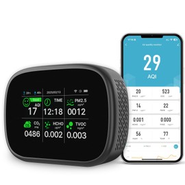 18-in-1 Smart Air Quality Monitor - Indoor WiFi Air Quality Detector with Dual Chip, Real-Time for AQI, CO2, PM2.5, PM1.0, PM10, TVOC, HCHO, Time Display, Temperature & Humidity with APP (Black-Black)