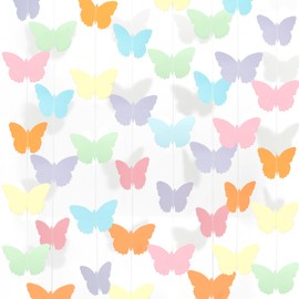 40 Feet Pastel Birthday Decorations Banner Butterfly Pastel Streamers Garland Paper Banner Hanging Party Supplies, Hanging Butterfly Wedding Pastel Baby Shower Decorations