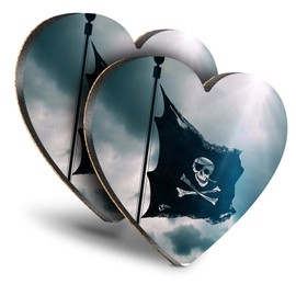 Destination Vinyl ltd Great Coasters (Set of 2) Heart - Jolly Roger Pirate Flag Drink Glossy Coasters/Tabletop Protection for Any Table Type #14537
