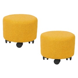 Joveco Set of 2 Round Ottoman with Rolling Wheels, Small Footrest Padded Seat Footstool for Living Room Bedroom Office, Yellow