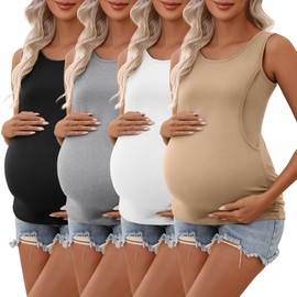 Ficerd 4 Pack Women's Cotton Nursing Tank Tops Sleeveless Breastfeeding Maternity Shirts Double Layer Pregnancy Clothes(Khaki, White, Light Gray, Black,XX-Large)
