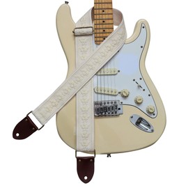 MUSIC FIRST Original Design, 2 inch width (5cm), Cream Lace Electric Guitar Strap Bass Strap With Genuine Leather Strap End (The Leather Made In Italy) (Cream Lace)