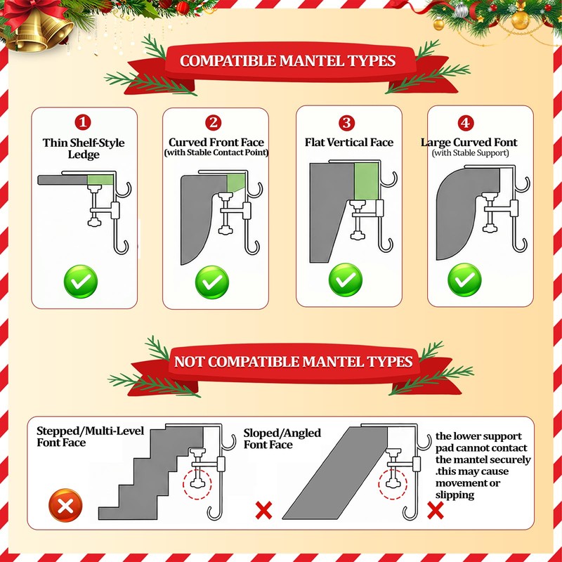 6Pcs Christmas Fireplace Stocking and Garland Hanger Fits 0.87-4.1" Mantle